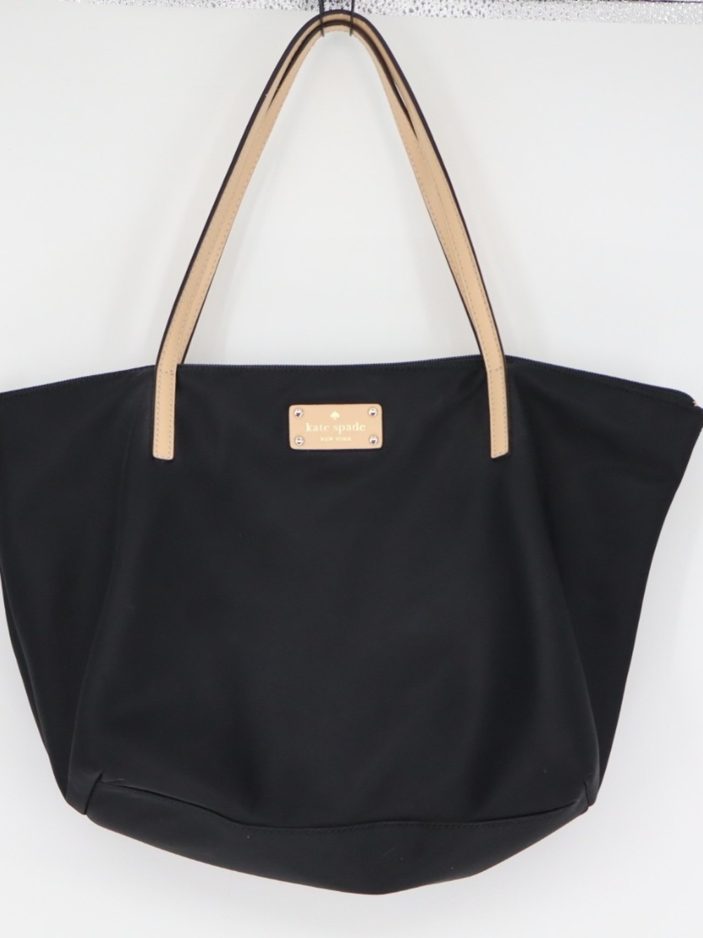 Kate Spade New York Black Nylon Tote Pink Lining Tan Leather Handles Work Bag